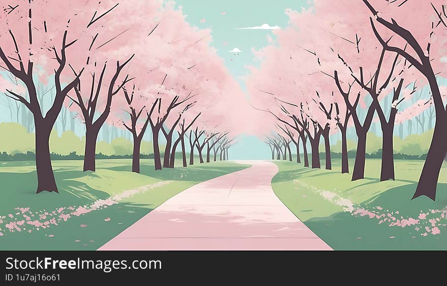 Tranquil spring landscape featuring a path under blossoming pink cherry trees nature scenery pastel colors