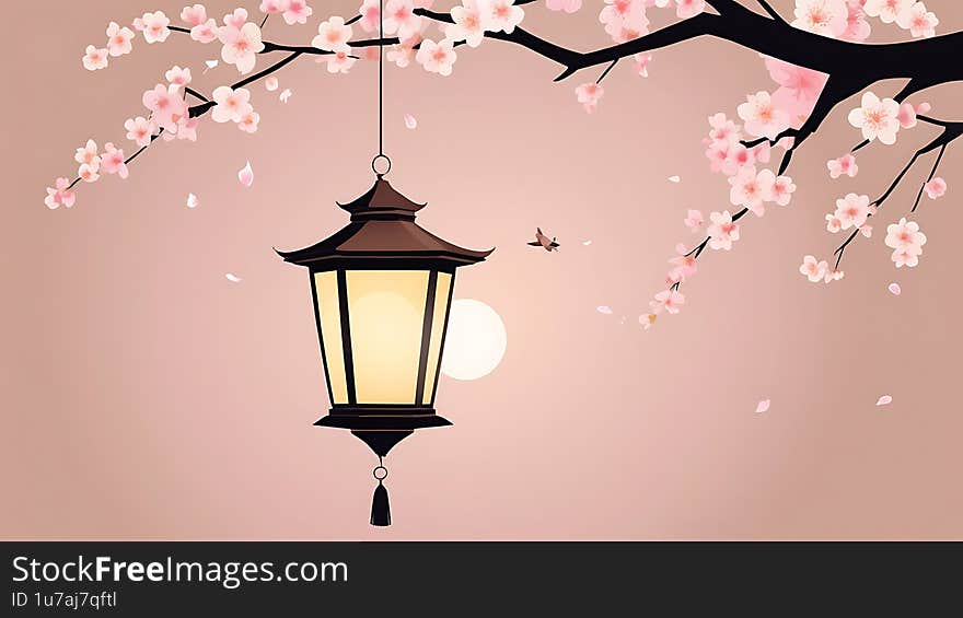 Peaceful scene featuring a traditional lantern hanging from a blossoming cherry tree branch against a soft sunset backdrop.  Perfect for spring or serenity themes.