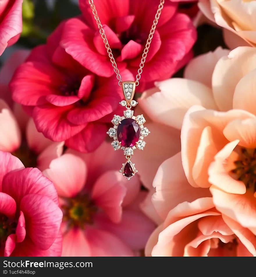 Ruby and diamond necklace on a flower background AI generated