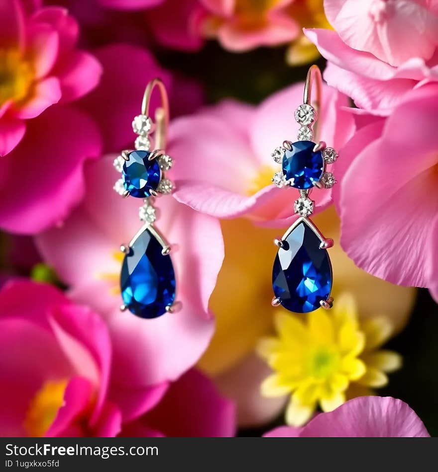 Blue sapphire and diamond earrings on a flower background AI generated