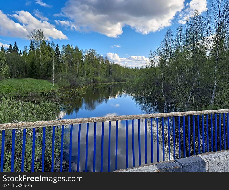 Looking down at a winding forest river from a bridge above.