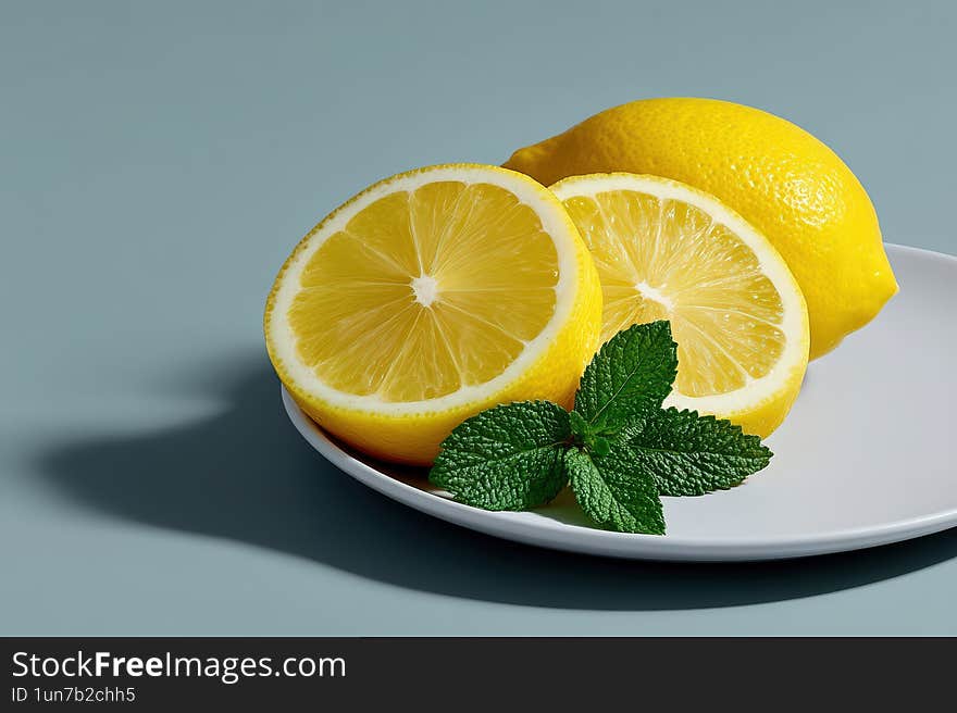 Sliced lemons with vibrant yellow color adorned by fresh mint leaves on a ceramic plate