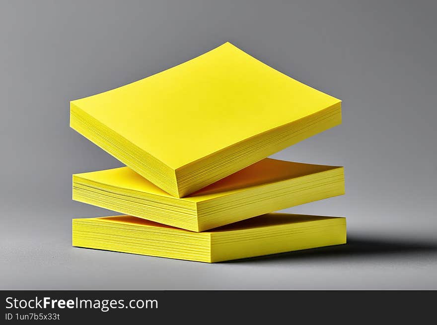 Three stacks of yellow sticky notes are positioned with realistic shadows on a smooth gray surface