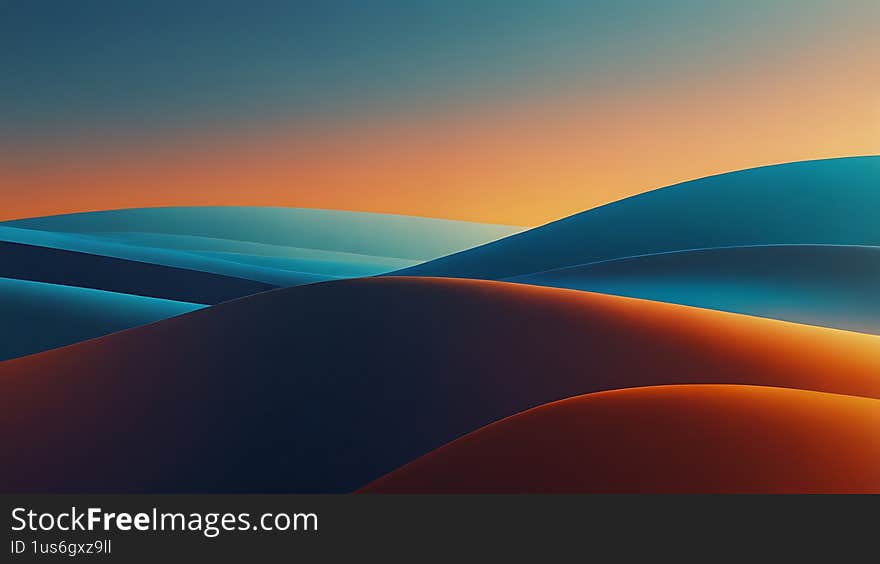 Serene Sunset Landscape Abstract Art Blue Orange Hills Nature Scene