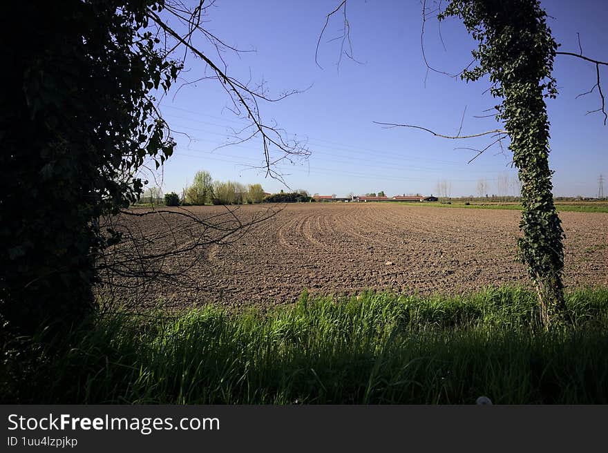 Plowed field with trees by its edge and a farm in the distance on a sunny day in the italian countryside framed by two trees. Plowed field with trees by its edge and a farm in the distance on a sunny day in the italian countryside framed by two trees