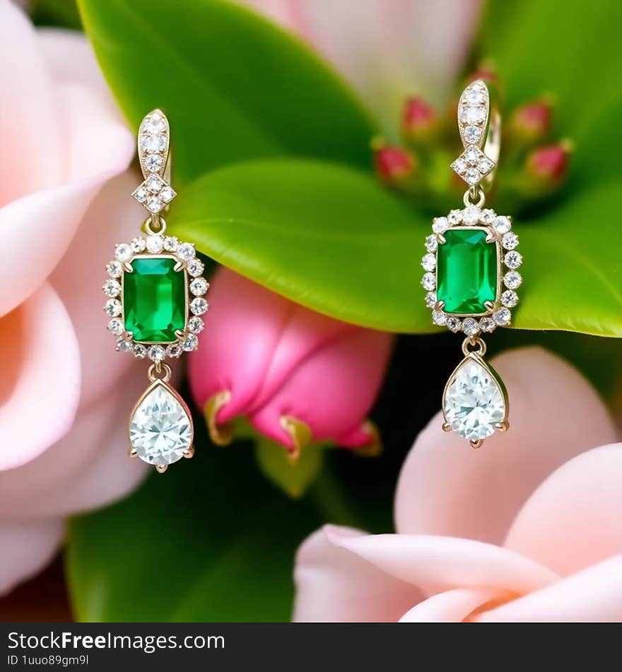 Emerald and diamond earrings on a nature background AI generated
