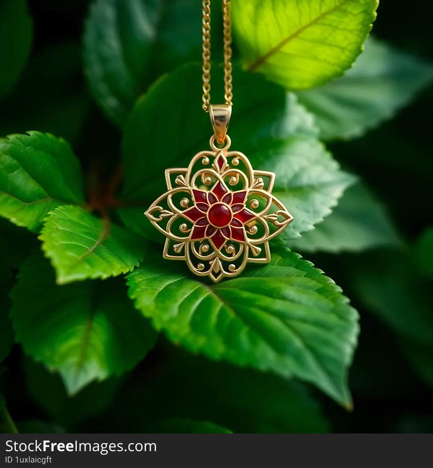 Gold and red enamel pendant on a nature background AI generated