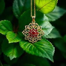 Gold And Red Enamel Pendant On A Nature Background AI Generated Stock Image