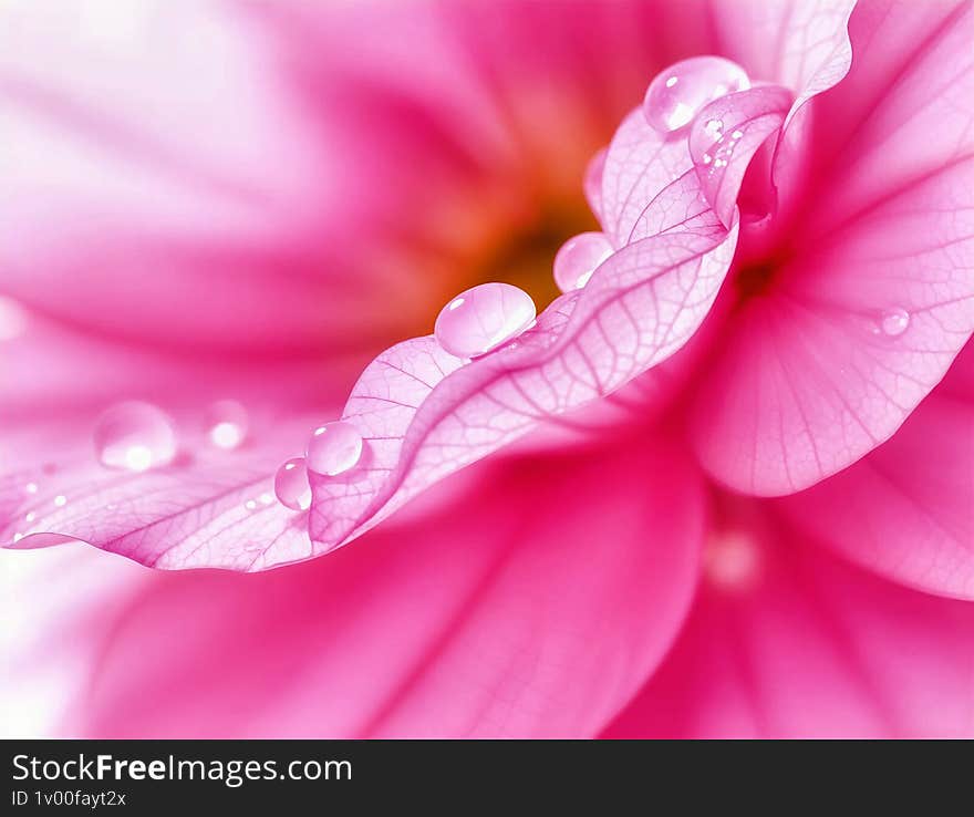 This visual captures the intricate details of a delicate pink flower, adorned with glistening water droplets that convey a sense of freshness. Each droplet enhances the texture and vibrancy of the petals, perfectly blending natural beauty with elegance. This image can be used in advertising campaigns, web design, banners, social media, gardening blogs, greeting cards, or decorative posters, where a touch of harmony with nature and freshness is needed.