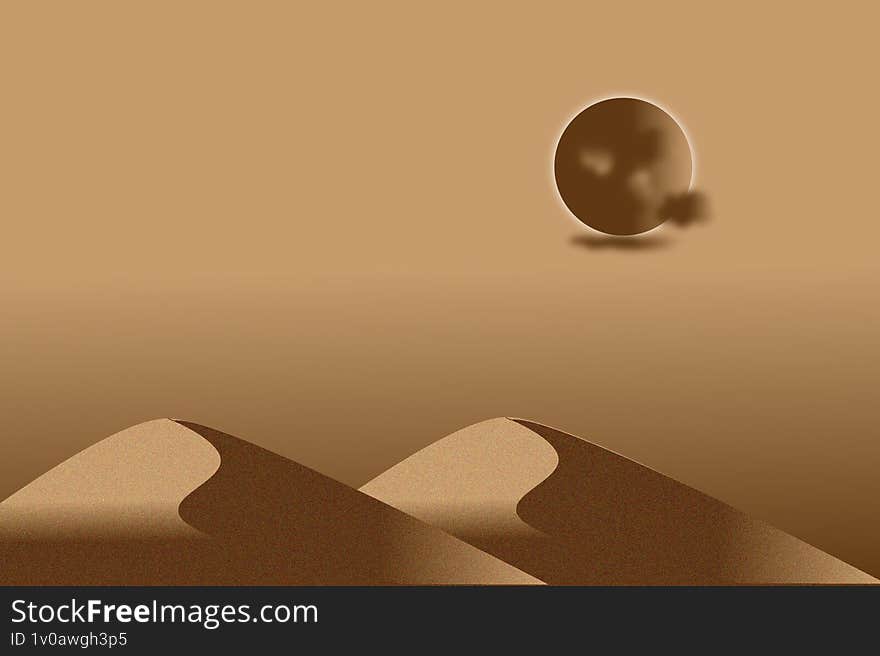 Tan And Gold Desert Planet Landscape Under A Large Yellow Moon And Starry Night Sk