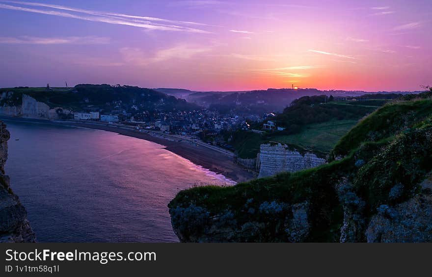 sunrise over the bay in Etretat