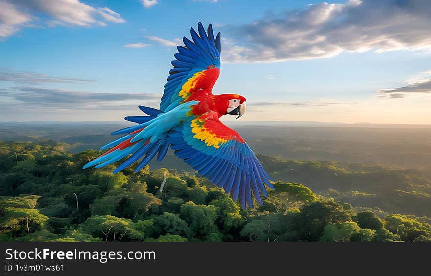 A colorful parrot over bluesky , Beautiful parrot in flight against blue sky panoramic image