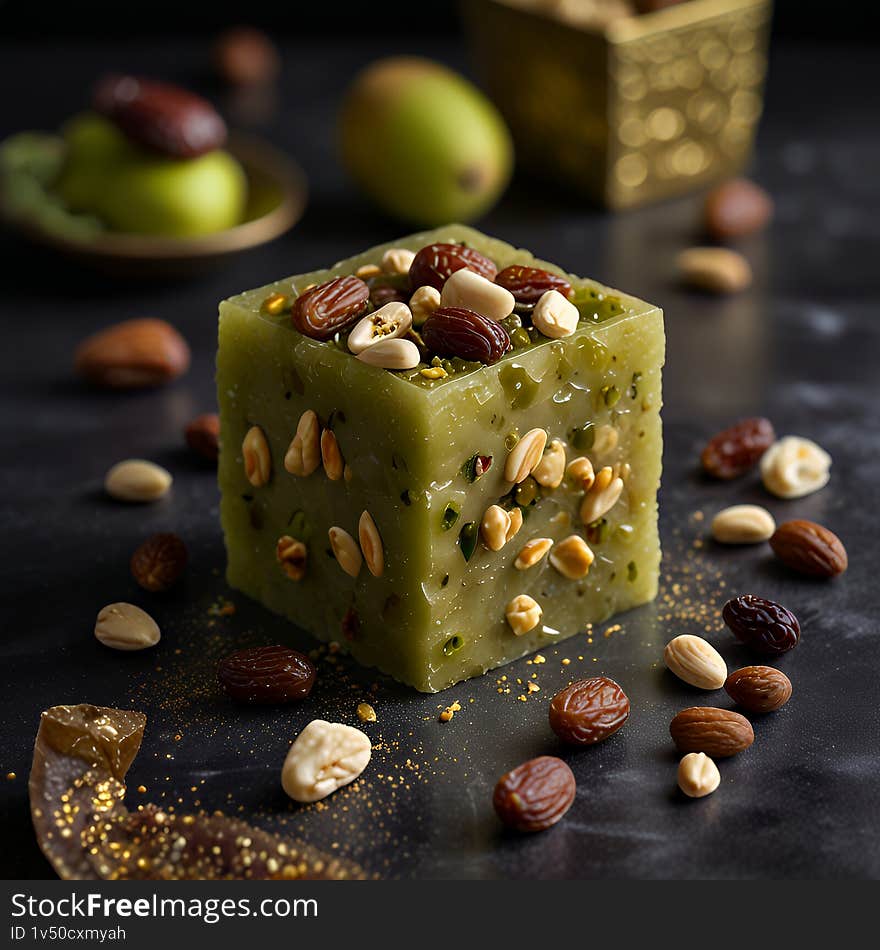 Close-up shot of a vibrant green halva cube, adorned with various nuts and dates. The dessert is elegantly presented on a dark surface, with scattered nuts and a hint of gold adding to its luxurious appeal. The image is perfect for food blogs, culinary websites, or advertising materials for Middle Eastern or Mediterranean cuisine. Close-up shot of a vibrant green halva cube, adorned with various nuts and dates. The dessert is elegantly presented on a dark surface, with scattered nuts and a hint of gold adding to its luxurious appeal. The image is perfect for food blogs, culinary websites, or advertising materials for Middle Eastern or Mediterranean cuisine.