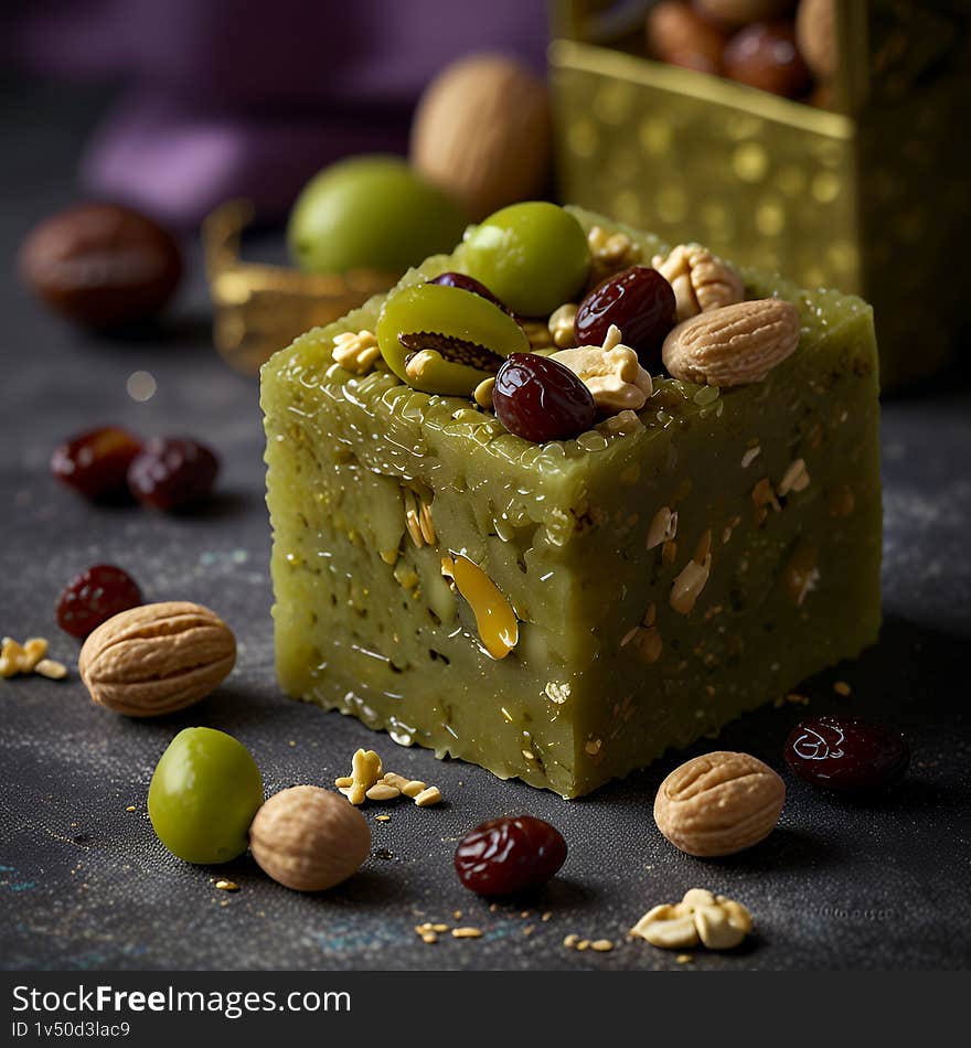 Close-up shot of a vibrant green dessert cube, adorned with various nuts, dried fruits, and green grapes. The dessert has a glossy, translucent texture, highlighting the ingredients within. The scene is set on a dark textured surface, suggesting a sophisticated and appetizing presentation. Ideal for food blogs, culinary websites, or advertising materials showcasing desserts, healthy snacks, or gourmet treats. Close-up shot of a vibrant green dessert cube, adorned with various nuts, dried fruits, and green grapes. The dessert has a glossy, translucent texture, highlighting the ingredients within. The scene is set on a dark textured surface, suggesting a sophisticated and appetizing presentation. Ideal for food blogs, culinary websites, or advertising materials showcasing desserts, healthy snacks, or gourmet treats.
