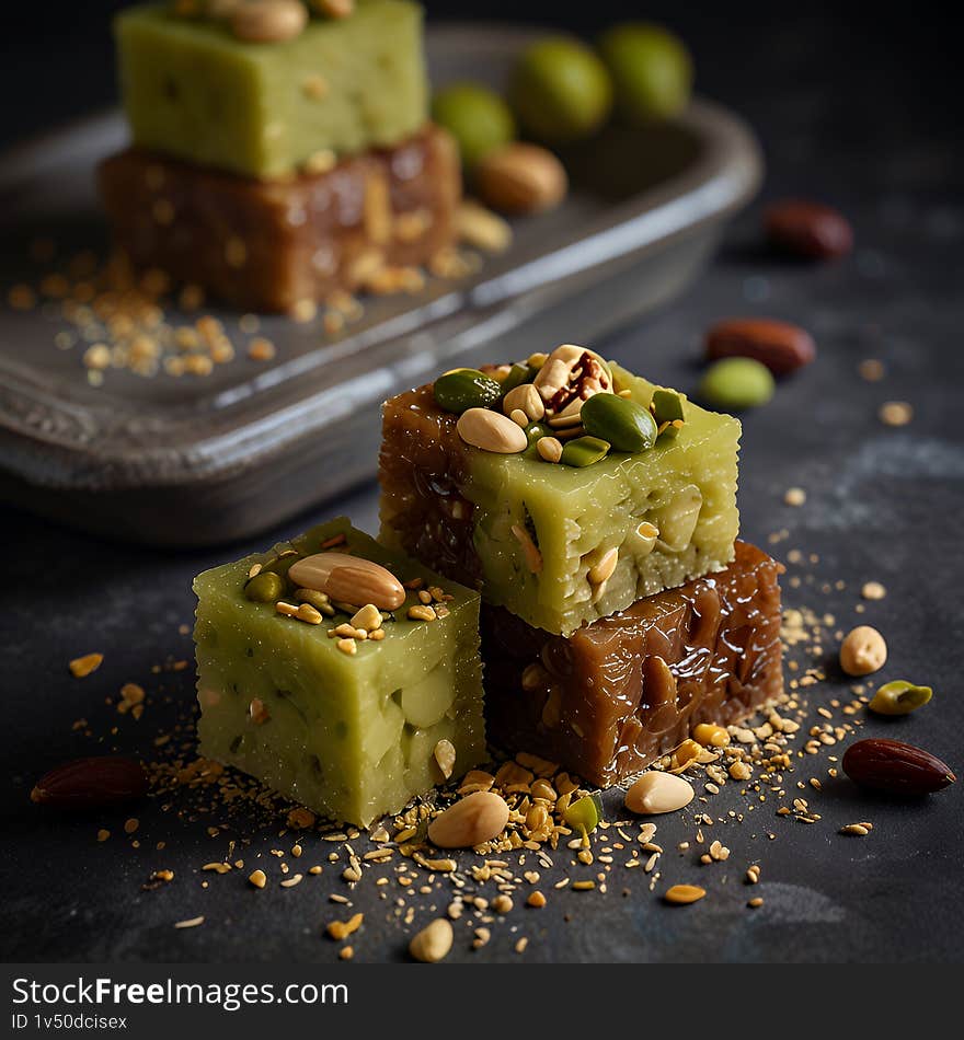 Close-up shot of delectable dessert cubes, featuring a vibrant green pistachio layer and a rich brown sugar layer. The cubes are adorned with a generous sprinkling of pistachios, almonds, and other nuts. The image is set against a dark, textured background, enhancing the dessert's visual appeal. Ideal for food blogs, culinary websites, and advertising materials related to desserts, confectionery, and Middle Eastern cuisine. Close-up shot of delectable dessert cubes, featuring a vibrant green pistachio layer and a rich brown sugar layer. The cubes are adorned with a generous sprinkling of pistachios, almonds, and other nuts. The image is set against a dark, textured background, enhancing the dessert's visual appeal. Ideal for food blogs, culinary websites, and advertising materials related to desserts, confectionery, and Middle Eastern cuisine.