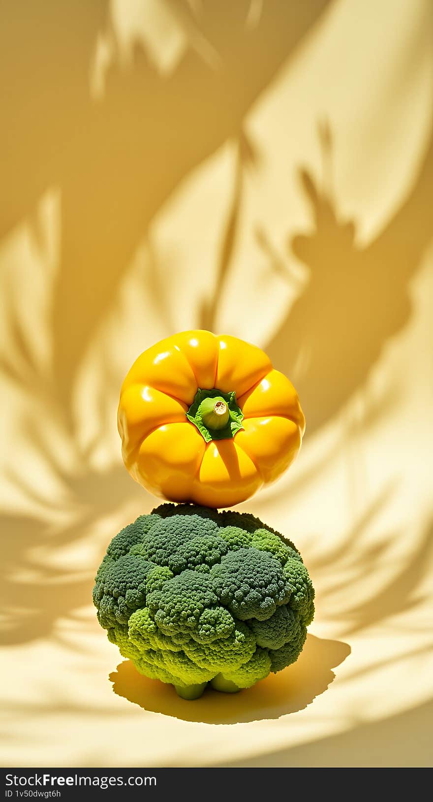 A vibrant studio shot featuring a yellow bell pepper delicately balanced atop a head of broccoli. The image is set against a soft pastel yellow backdrop, enhanced by the interplay of light and shadow cast by unseen foliage. This visually appealing composition is perfect for illustrating healthy eating, vegetarianism, or adding a fresh, vibrant element to various design projects. A vibrant studio shot featuring a yellow bell pepper delicately balanced atop a head of broccoli. The image is set against a soft pastel yellow backdrop, enhanced by the interplay of light and shadow cast by unseen foliage. This visually appealing composition is perfect for illustrating healthy eating, vegetarianism, or adding a fresh, vibrant element to various design projects.