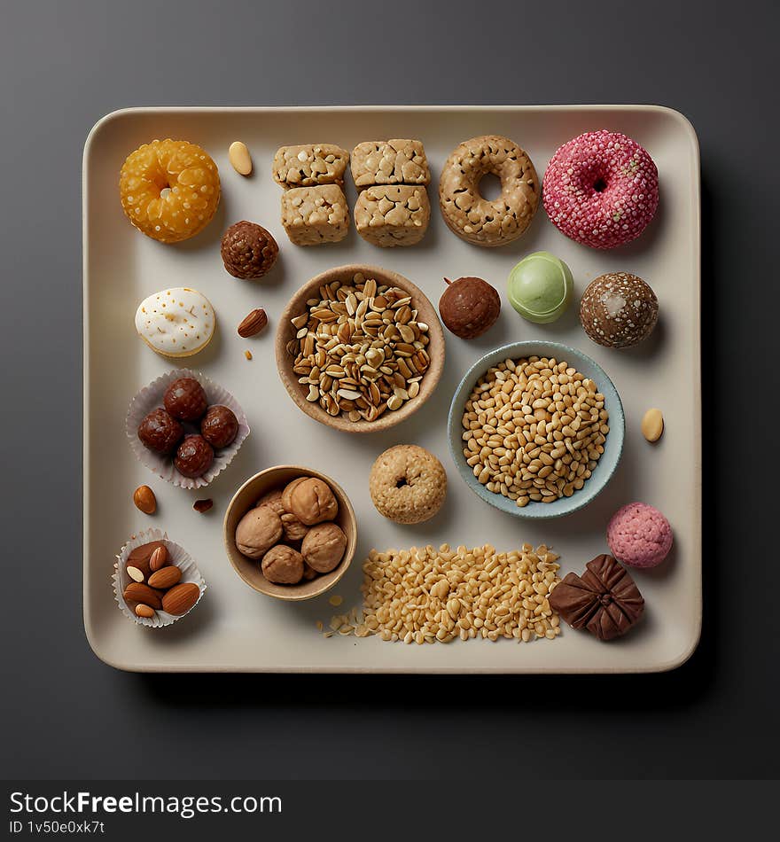 A high-angle, close-up shot of a rectangular tray filled with a variety of nuts, seeds, and sweets. The arrangement is visually appealing and diverse, featuring different textures and colors. The image is perfect for food blogs, packaging design, or any project related to healthy snacks, confectionery, or culinary themes. The neutral background enhances the vibrant colors of the food. A high-angle, close-up shot of a rectangular tray filled with a variety of nuts, seeds, and sweets. The arrangement is visually appealing and diverse, featuring different textures and colors. The image is perfect for food blogs, packaging design, or any project related to healthy snacks, confectionery, or culinary themes. The neutral background enhances the vibrant colors of the food.