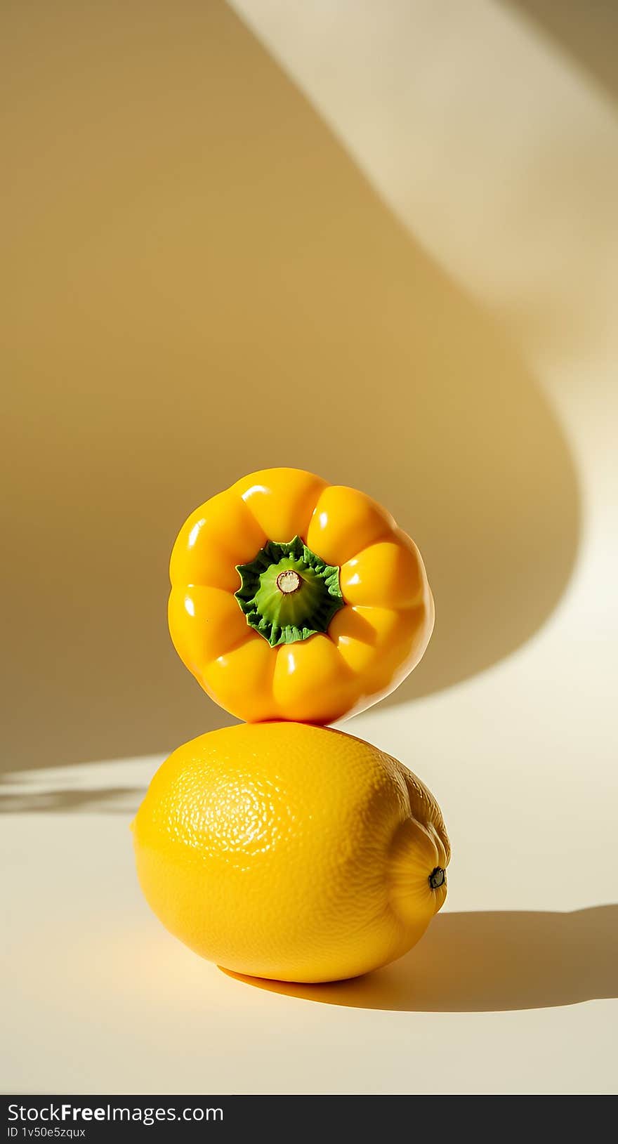 A vibrant minimalist still life featuring a bright yellow bell pepper delicately balanced atop a juicy lemon. The composition is set against a soft, creamy beige background with dramatic light and shadow creating a visually appealing contrast. This image is perfect for food blogs, healthy eating campaigns, or projects emphasizing freshness and vibrant colors. A vibrant minimalist still life featuring a bright yellow bell pepper delicately balanced atop a juicy lemon. The composition is set against a soft, creamy beige background with dramatic light and shadow creating a visually appealing contrast. This image is perfect for food blogs, healthy eating campaigns, or projects emphasizing freshness and vibrant colors.