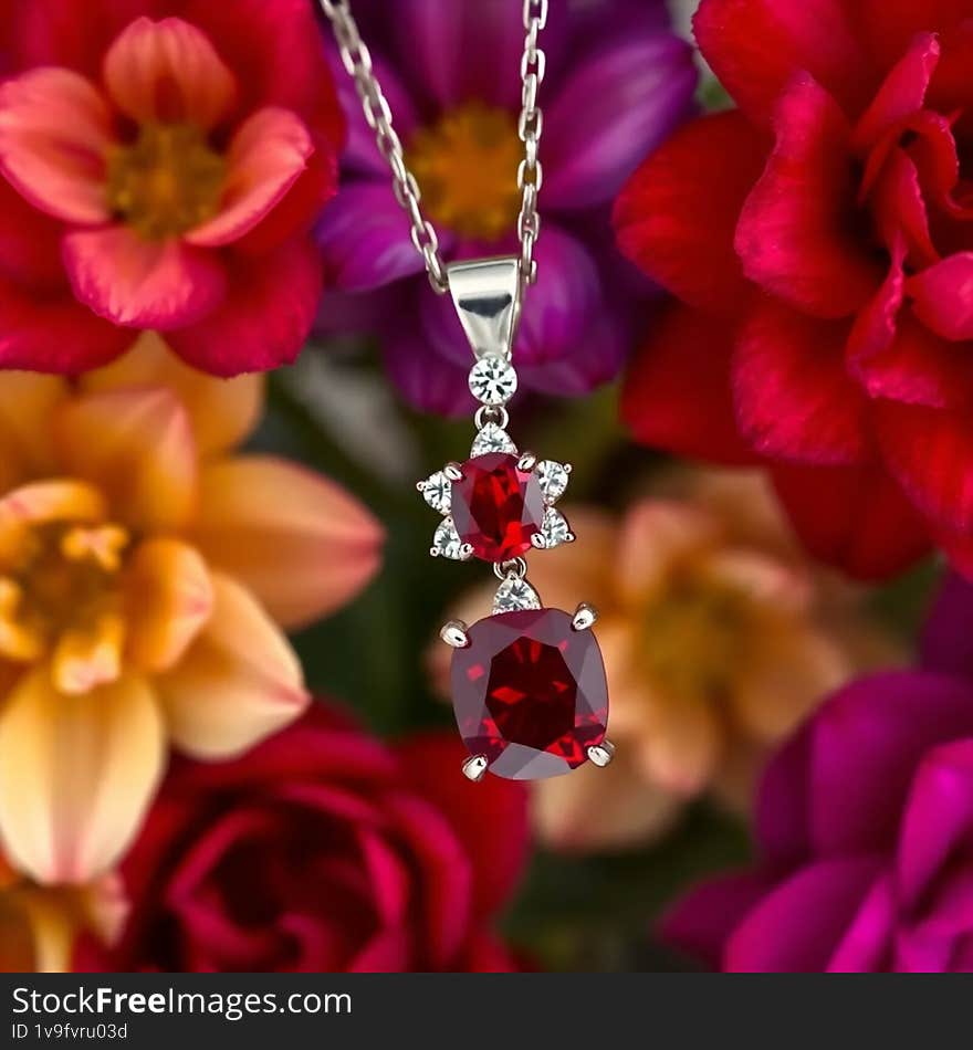 Daily wear Ruby and diamond pendant on a flower background AI generated