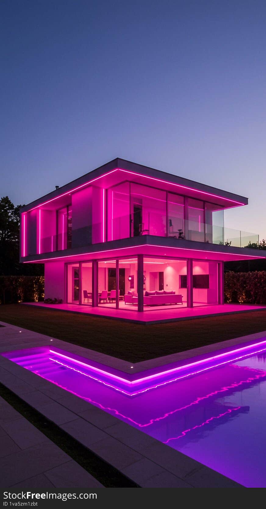Modern two-story house featuring sleek architecture with large windows and flat roof. Exterior is illuminated by vibrant pink LED lighting, enhancing the contemporary design. A stylish rectangular swimming pool mirrors the pink glow, bordered by white paving. The house's open-plan lower level is visible through the glass, showcasing minimalistic interior decor. Surrounded by manicured greenery, the overall setting combines luxury with cutting-edge design elements. The twilight sky provides a contrasting backdrop, emphasizing the bright illumination. Modern two-story house featuring sleek architecture with large windows and flat roof. Exterior is illuminated by vibrant pink LED lighting, enhancing the contemporary design. A stylish rectangular swimming pool mirrors the pink glow, bordered by white paving. The house's open-plan lower level is visible through the glass, showcasing minimalistic interior decor. Surrounded by manicured greenery, the overall setting combines luxury with cutting-edge design elements. The twilight sky provides a contrasting backdrop, emphasizing the bright illumination.