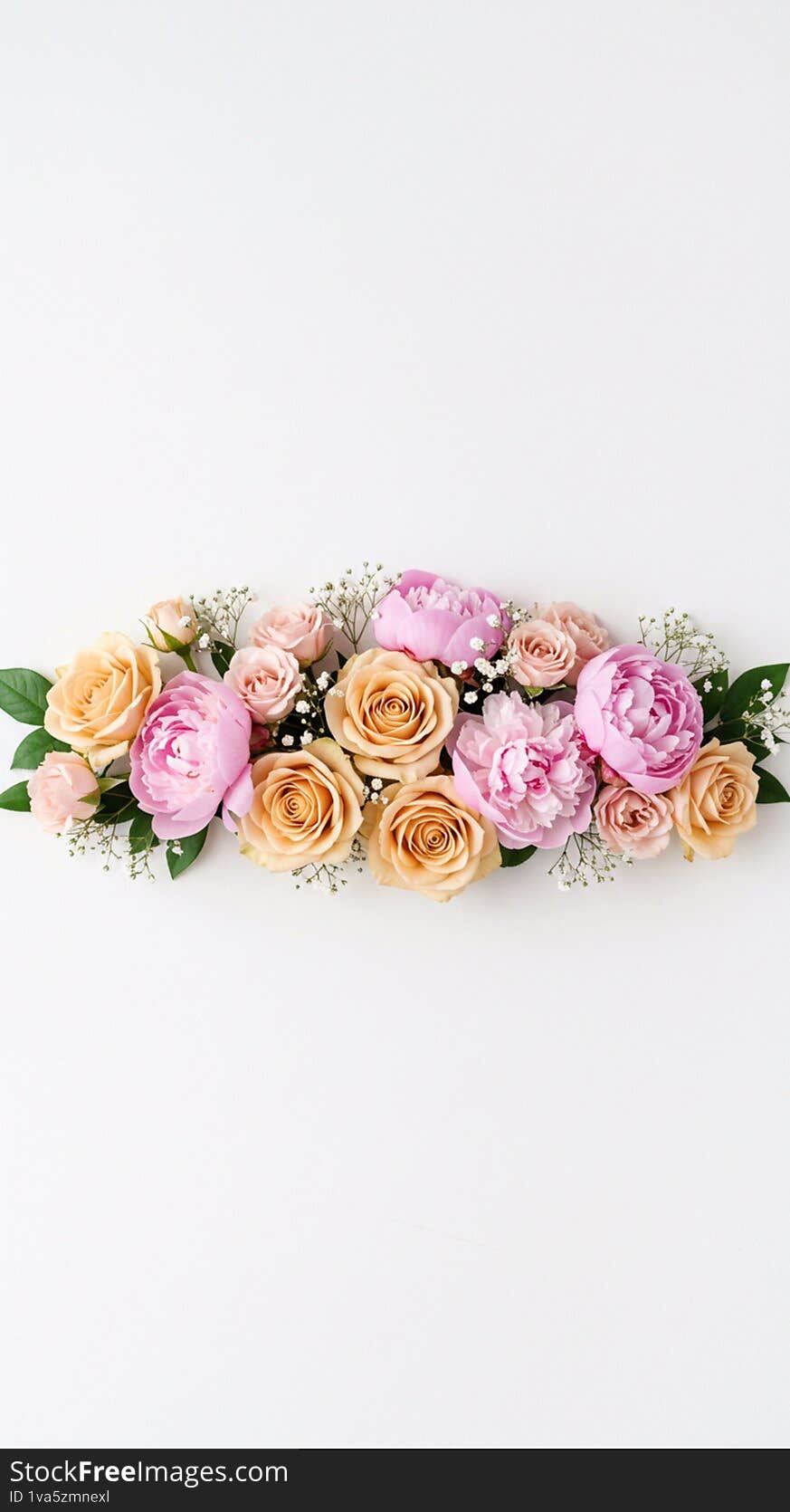 A horizontal floral arrangement features pink peonies (Paeonia lactiflora) and peach roses (Rosa spp.), interspersed with small white baby's breath (Gypsophila spp.) flowers. The blooms are tightly clustered, with vibrant green leaves providing contrast. The arrangement is set against a plain white background, highlighting the flowers' colors. The composition showcases a blend of soft pastels and lush textures.