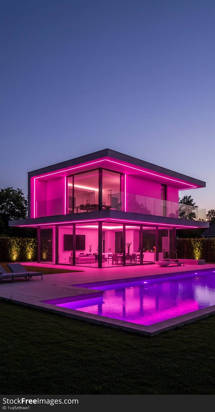 Modern two-story house featuring striking pink LED lighting along its edges, creating a vibrant contrast against the twilight sky. The structure has a glass fa�ade that offers a glimpse into a spacious interior with contemporary furnishings. A sleek swimming pool, also illuminated with pink lighting, is situated in front of the house. The surrounding landscaping includes neatly maintained grass, and subtle lighting highlights the greenery around the property, enhancing the luxurious ambiance. Modern two-story house featuring striking pink LED lighting along its edges, creating a vibrant contrast against the twilight sky. The structure has a glass fa�ade that offers a glimpse into a spacious interior with contemporary furnishings. A sleek swimming pool, also illuminated with pink lighting, is situated in front of the house. The surrounding landscaping includes neatly maintained grass, and subtle lighting highlights the greenery around the property, enhancing the luxurious ambiance.
