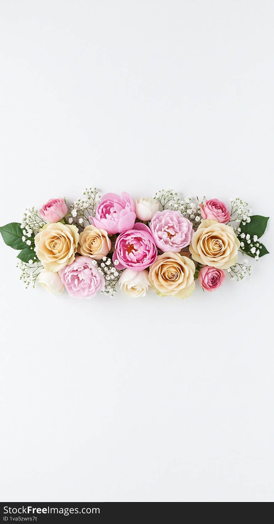 A horizontal arrangement of various flowers on a white background. This composition includes pink and cream roses (Rosa spp.) and peonies (Paeonia spp.), surrounded by sprigs of small white baby's breath (Gypsophila spp.). The flowers are tightly clustered, creating a neat and visually appealing display. Lush green leaves complement the delicate blooms, adding contrast and enhancing the softness of the petals. The overall aesthetic is one of elegance and simplicity, ideal for decorative purposes. A horizontal arrangement of various flowers on a white background. This composition includes pink and cream roses (Rosa spp.) and peonies (Paeonia spp.), surrounded by sprigs of small white baby's breath (Gypsophila spp.). The flowers are tightly clustered, creating a neat and visually appealing display. Lush green leaves complement the delicate blooms, adding contrast and enhancing the softness of the petals. The overall aesthetic is one of elegance and simplicity, ideal for decorative purposes.