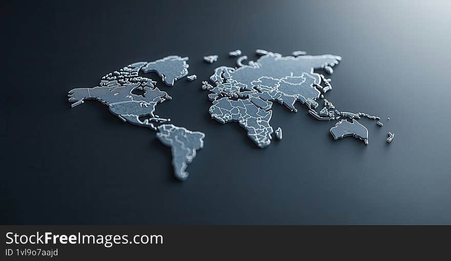 A metallic raised world map on a dark, textured background Generative AI