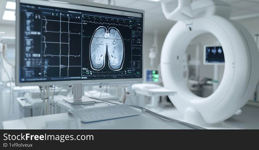 A modern medical setting featuring advanced imaging technology with screens displaying lung scans and ECG readings Generative AI