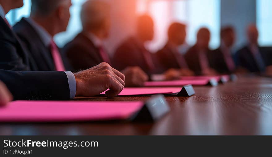 An executive meeting table with participants wearing dark suits and pink accents featuring soft pastel lighting Generative AI
