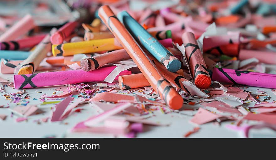 Brightly colored crayon pieces scattered on a table, showcasing a vibrant and playful atmosphere Generative AI