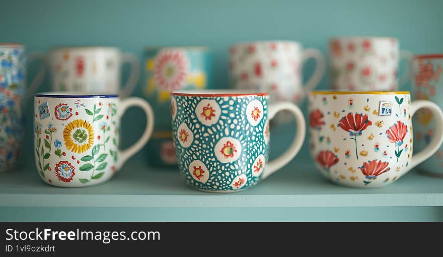 An array of beautifully painted mugs with floral designs on a shelf Generative AI