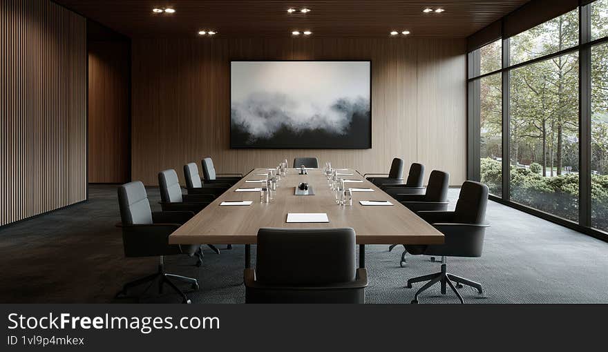Modern boardroom with minimalist decor, featuring a large abstract painting as a focal point surrounded by a sleek conference tabl