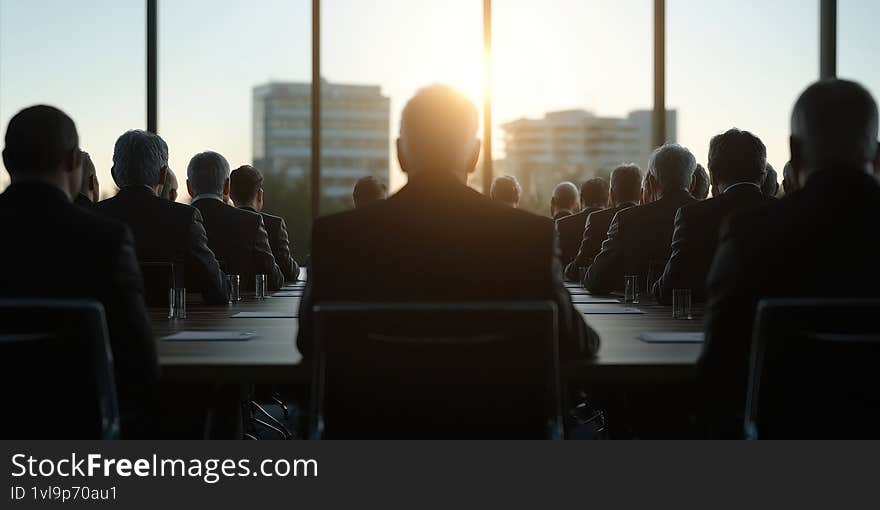 A group of people in a corporate meeting with a focus on teamwork and collaboration set against a sunrise through large windows Generative AI