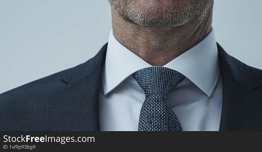 Close-up of a man wearing a patterned tie and formal suit, highlighting professional attire Generative AI