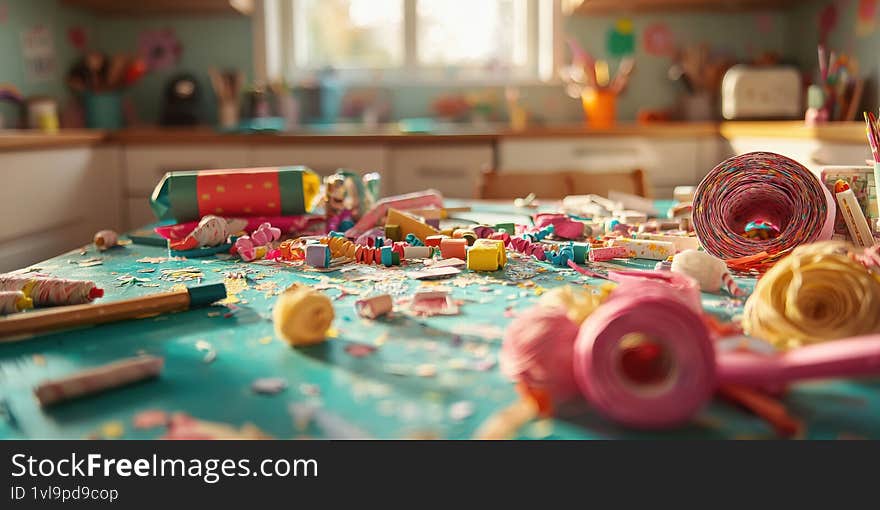 A vibrant art studio table covered with diverse handmade paper crafts and colorful materials Generative AI
