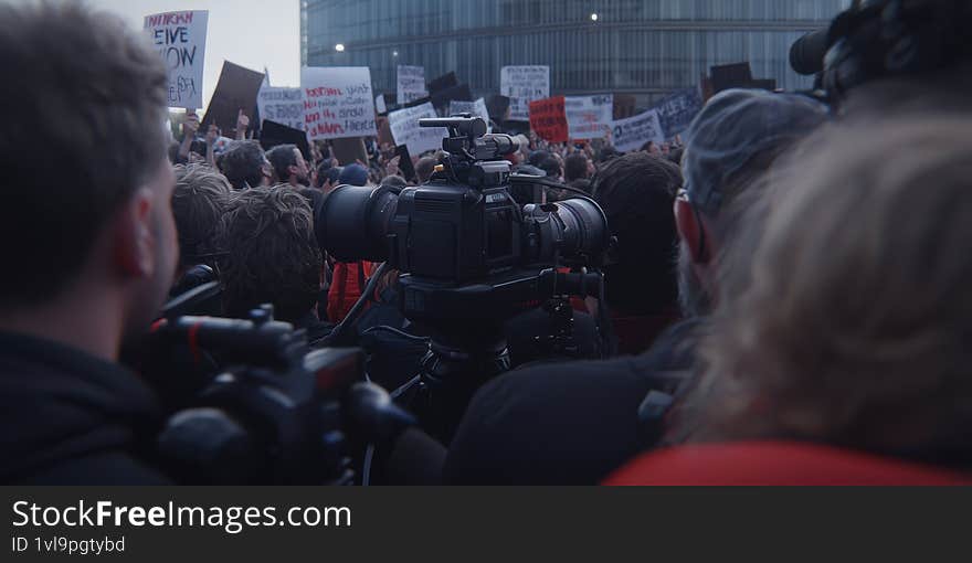 A large gathering of people holding signs with cameras documenting the event Generative AI