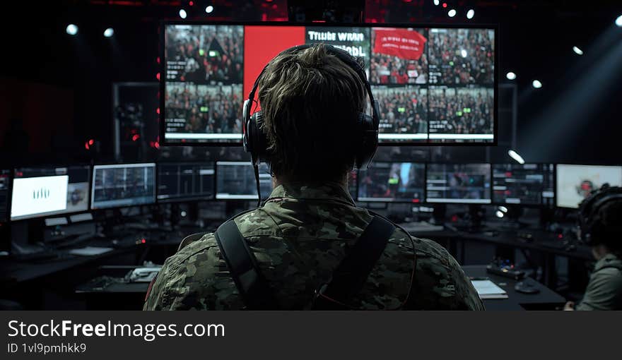 A person wearing headphones surrounded by multiple screens in a high-tech control room Generative AI