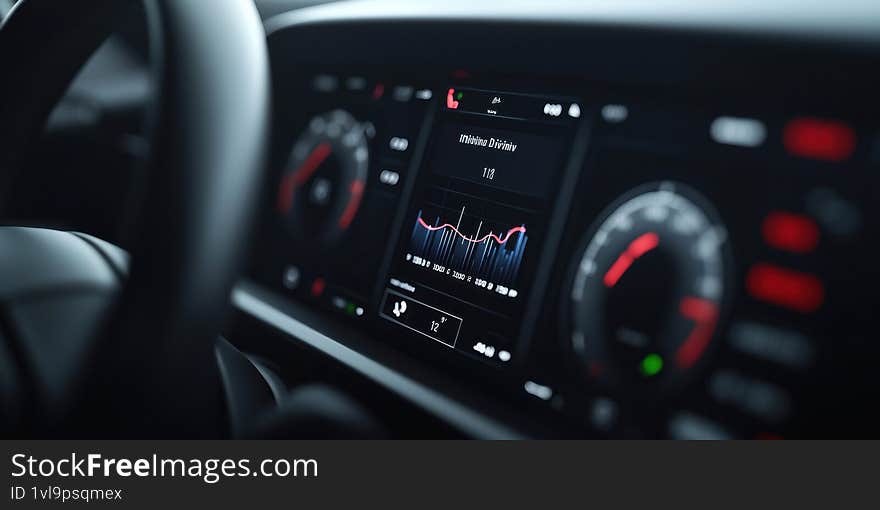 Close-up of a digital dashboard in a vehicle, displaying various speedometers and graphs for enhanced driving experience Generative AI