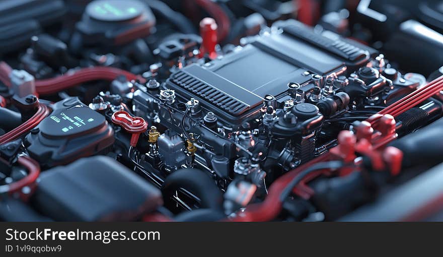 A modern vehicle engine with red and black components featuring intricate details of metallic parts and wires Generative AI