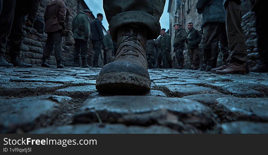 A gritty street-level view of a cobblestone road with a focus on a worn military boot surrounded by people in period attire