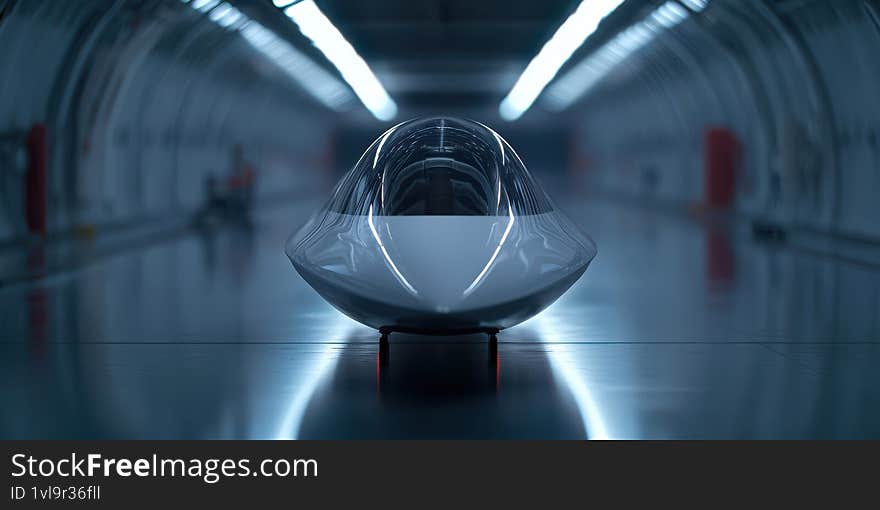 A sleek aerodynamic structure resembling a high-speed vehicle set in a futuristic environment with soft lighting and reflections Generative AI