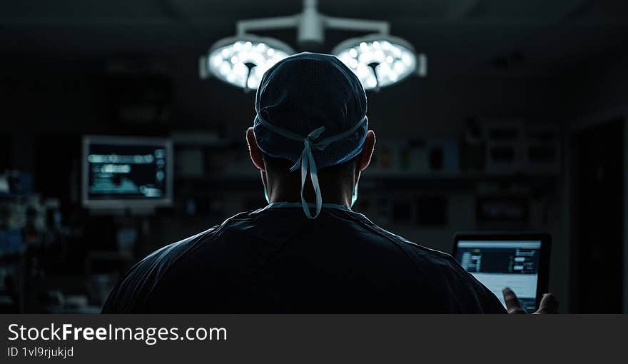 A medical professional is observed from behind in a dimly lit room, surrounded by advanced technology