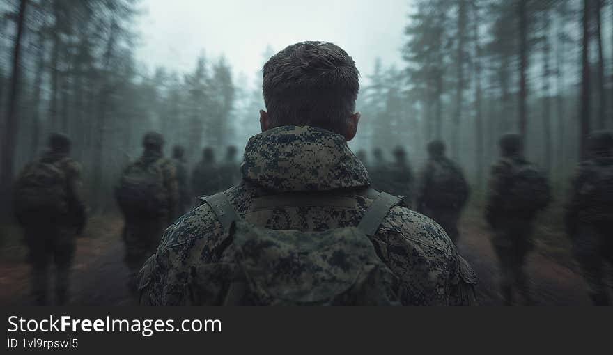 Group of soldiers in camouflage gear standing in a foggy forest indicating a sense of mystery and strategic movements Generative AI