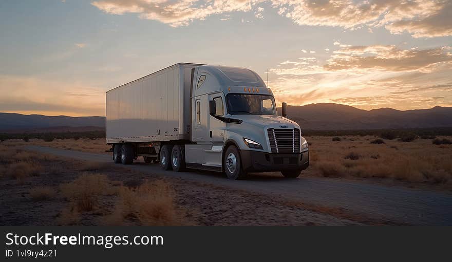 A modern truck drives through a desert landscape at sunset highlighting advancements in logistics technology Generative AI