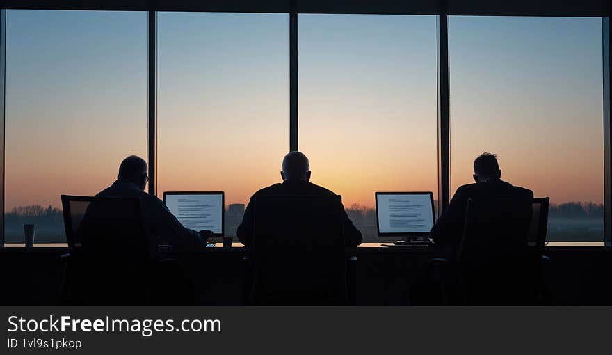Business professionals work on computers in a modern office with a sunset view Generative AI