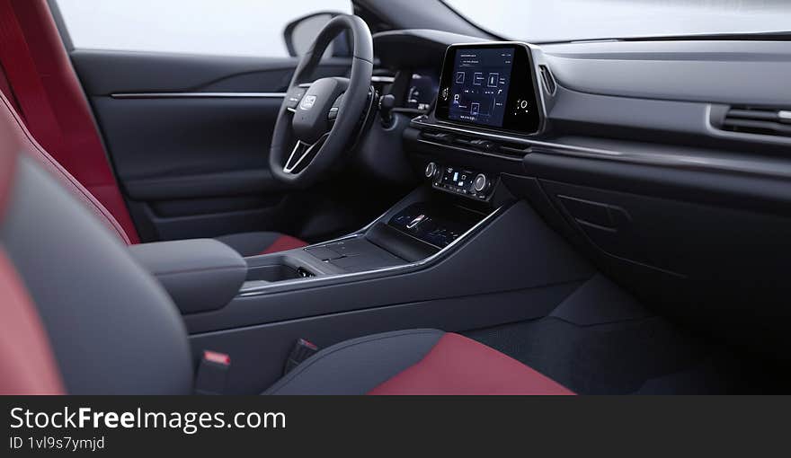 A car showcasing advanced in-car systems with a digital display and red-black seating Generative AI