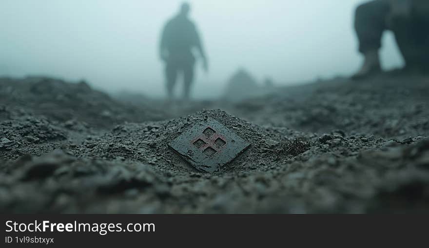 A close-up of a mysterious object on the ground in a foggy landscape with silhouettes in the background Generative AI