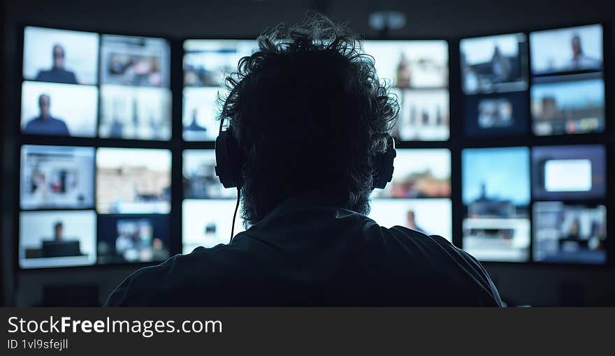 An individual wearing headphones monitors multiple screens in a dark room suggesting media analysis or surveillance Generative AI