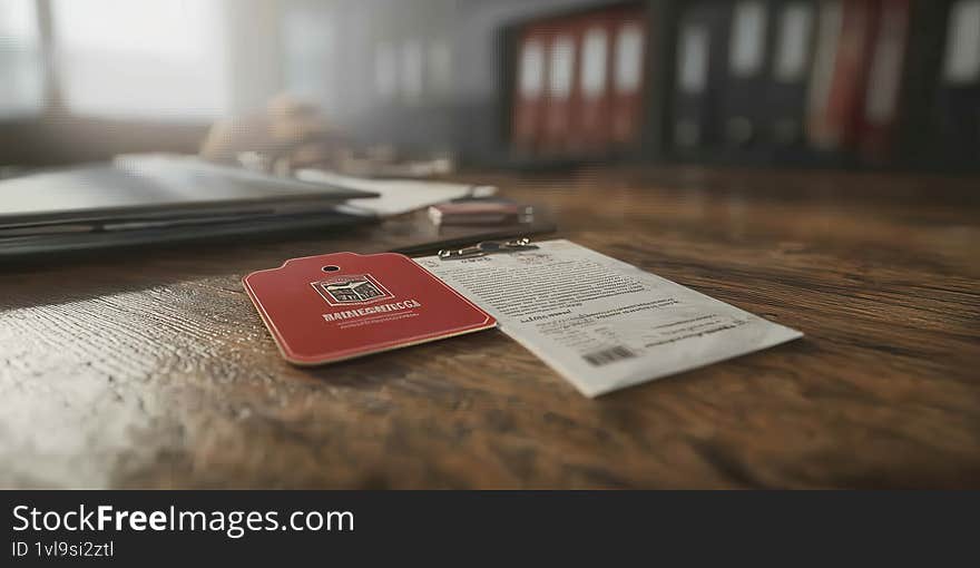 An office desk with a red key card and clipboard in focus Generative AI